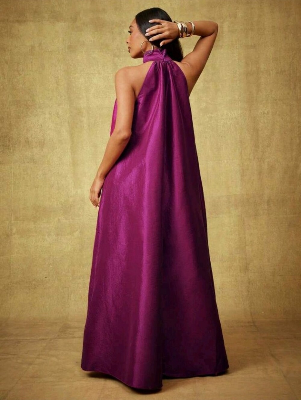 Plum Solid Taffeta Bow Tie Halter Neck Extreme Wide Leg Jumpsuit, Party - Picture 4 of 5